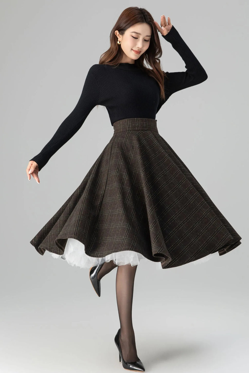 Brown Wool Midi Skirt - High-Waisted Wide Waistband Circle Silhouette 6396