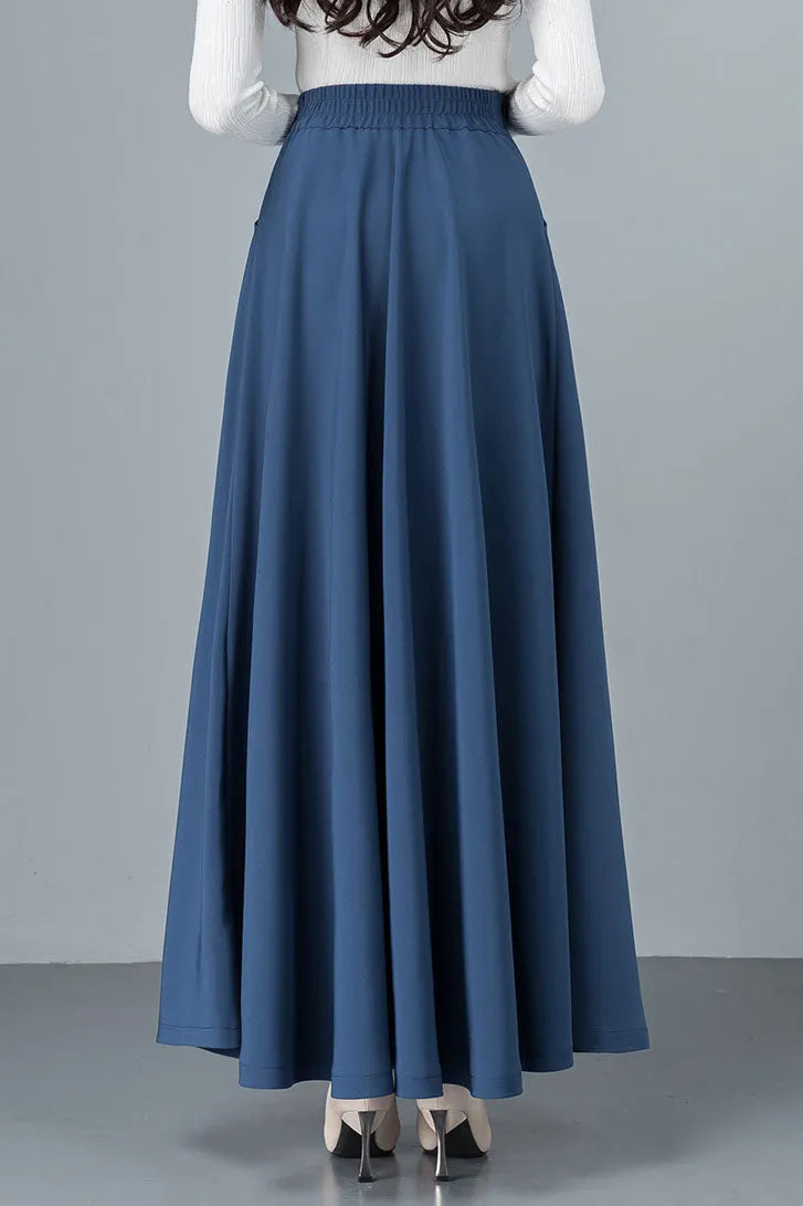 Black Cotton Blend A-Line Long Skirt - Back Elastic Waist 4092
