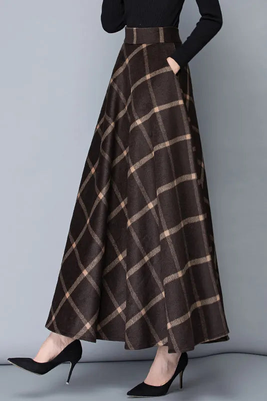 Brown Wool A-Line Maxi Skirt - High Waist with Pockets 3792