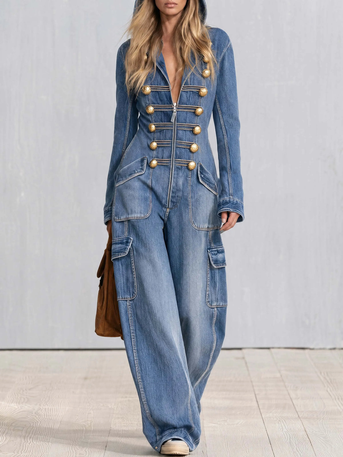 Vintage Military Washed Denim Jumpsuit Women Gold Button Hooded Wide Leg Cargo