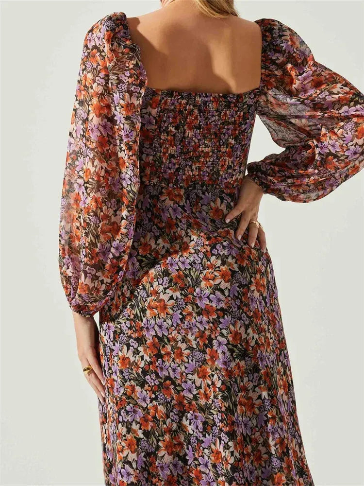 Women Spring Fall Vintage Floral Print V-neck Puff Sleeve Fashion Backless Holiday Vestido