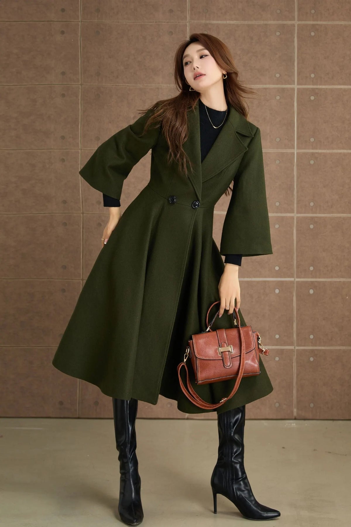 Green Wool Princess Coat - Fit and Flare, 3/4 Sleeves 5364
