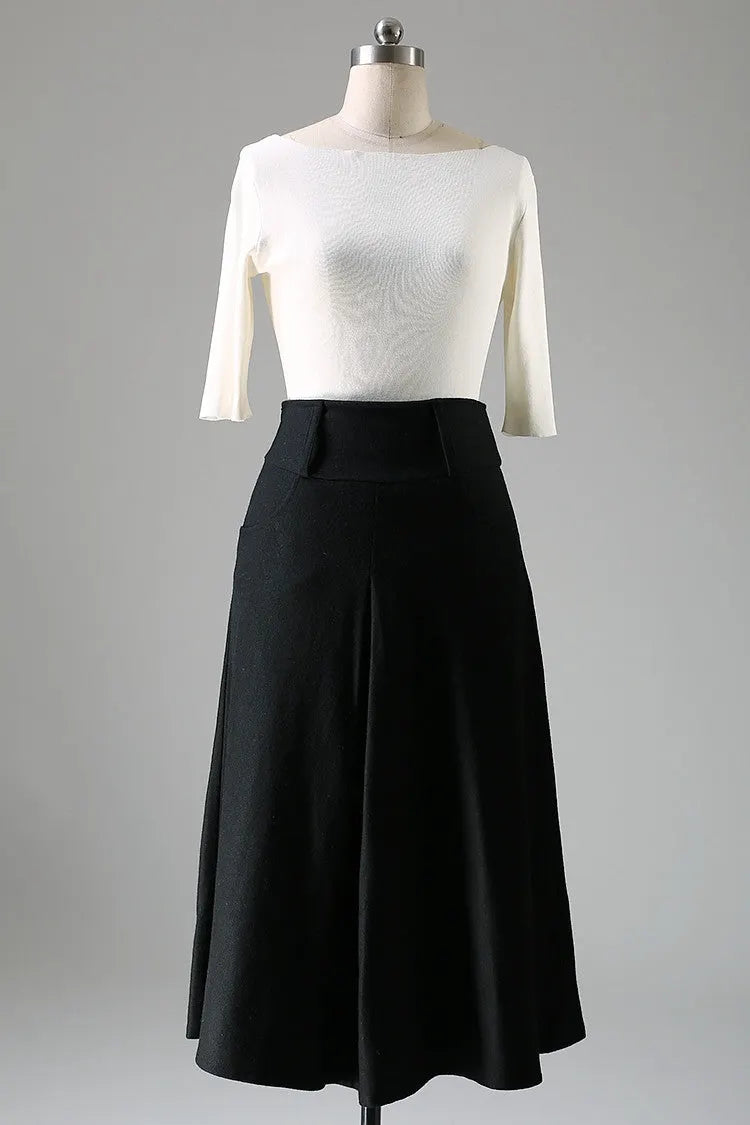 Black Wool Midi Skirt - High-Waisted A-Line Culotte with Belt 1084