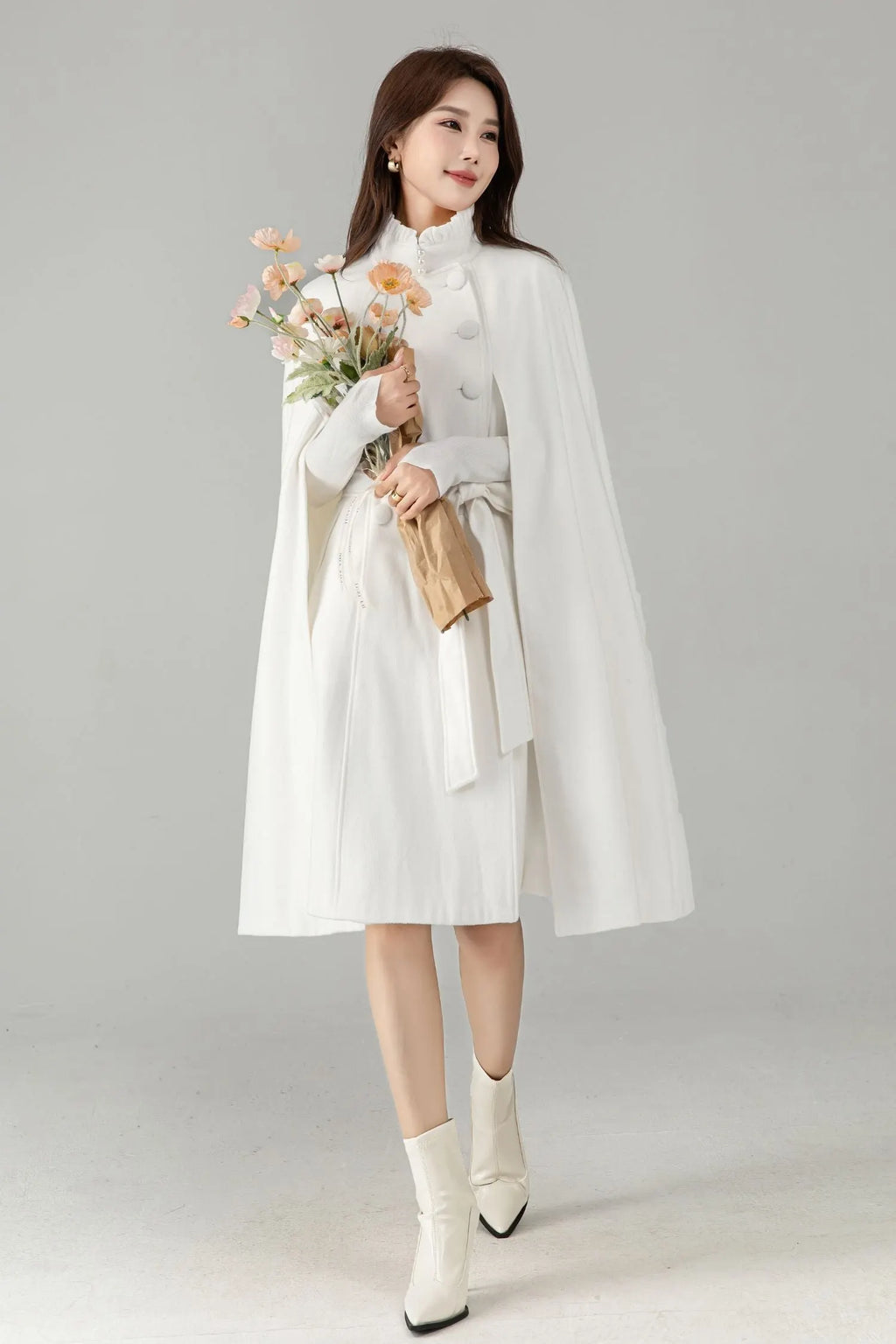 White Wool Cape Coat – Elegant Belted Winter Dress Coat 
