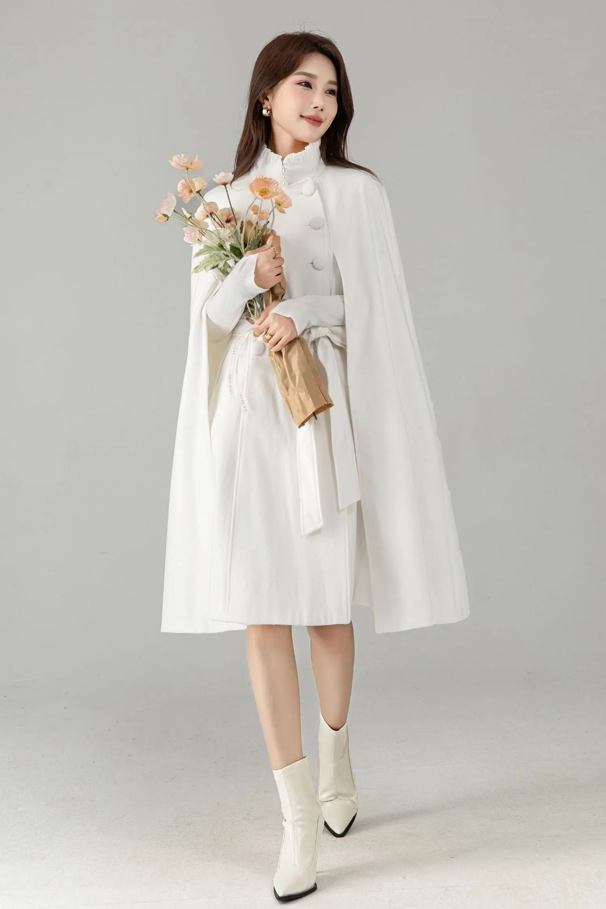 White Wool Cape Coat – Elegant Belted Winter Dress Coat 