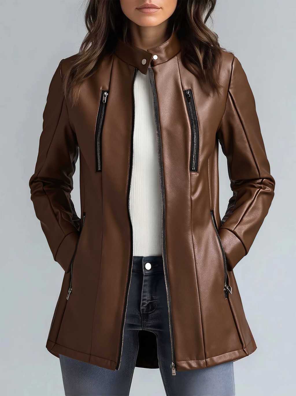 Women's Stand Collar Vintage Faux Leather Jacket