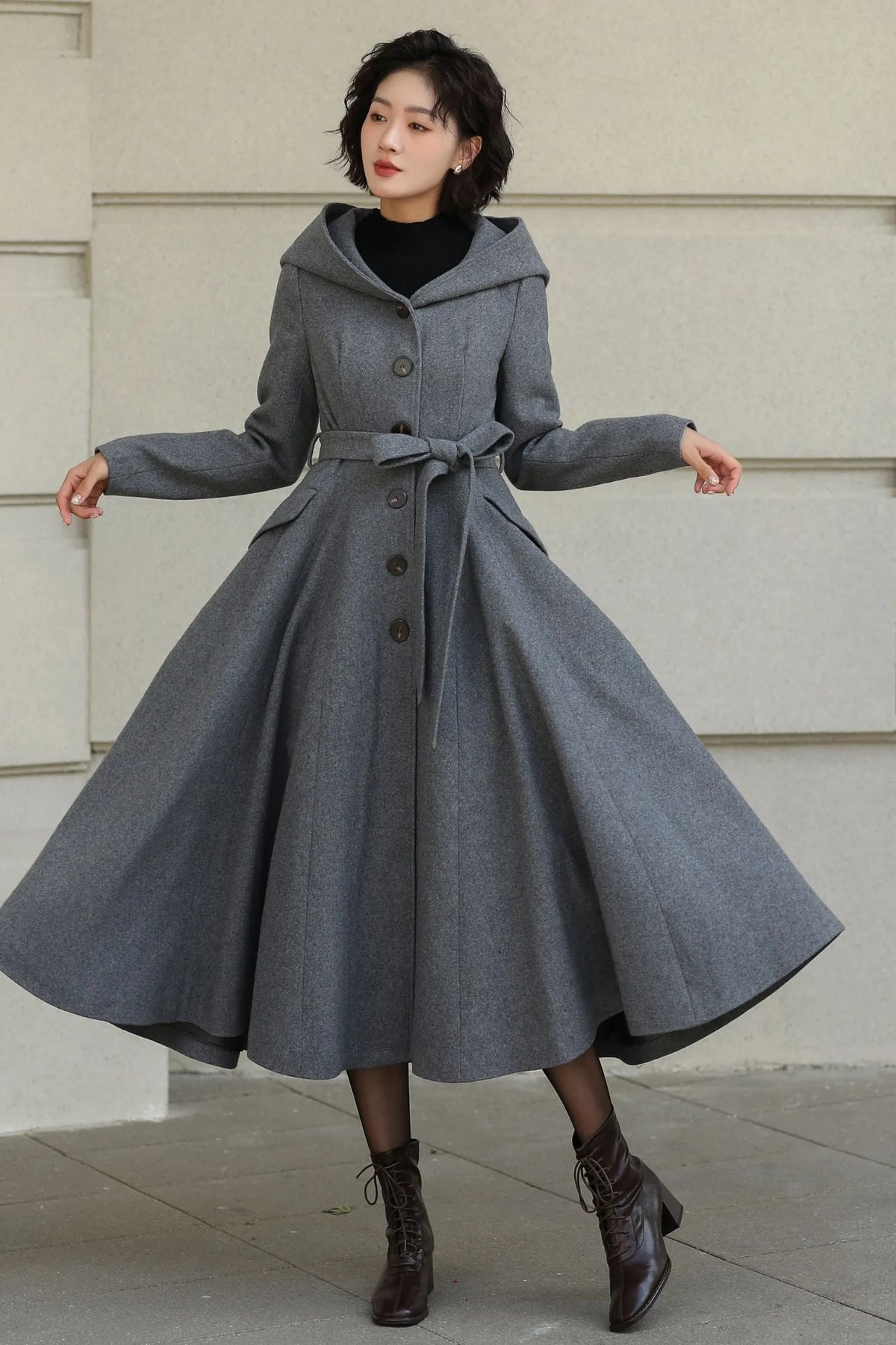 Gray Wool Long Coat - Hooded, Tie Belt, Fitted Waist 6535