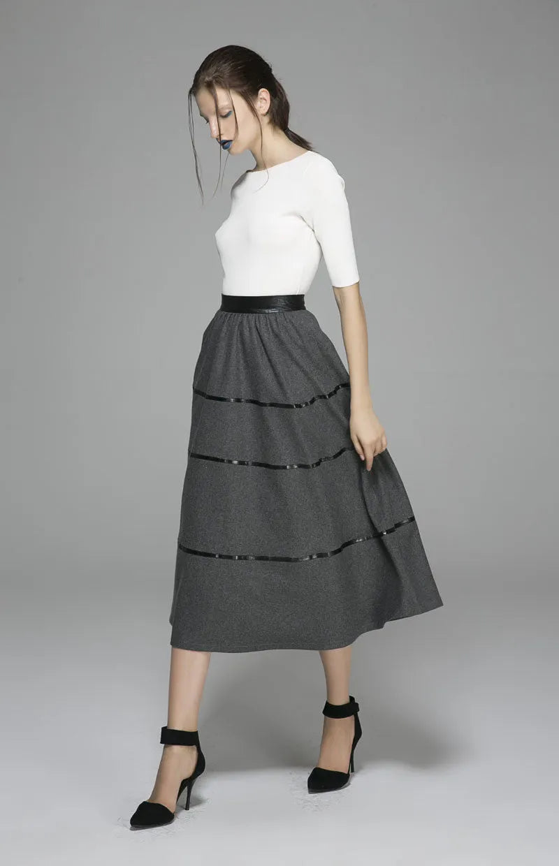 Gray Wool Maxi Skirt - Pleated Full Flowing Design 1376
