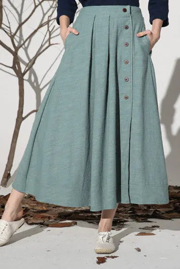 Light Green Linen Skirt – Elastic Waist Maxi Skirt with Front Buttons 