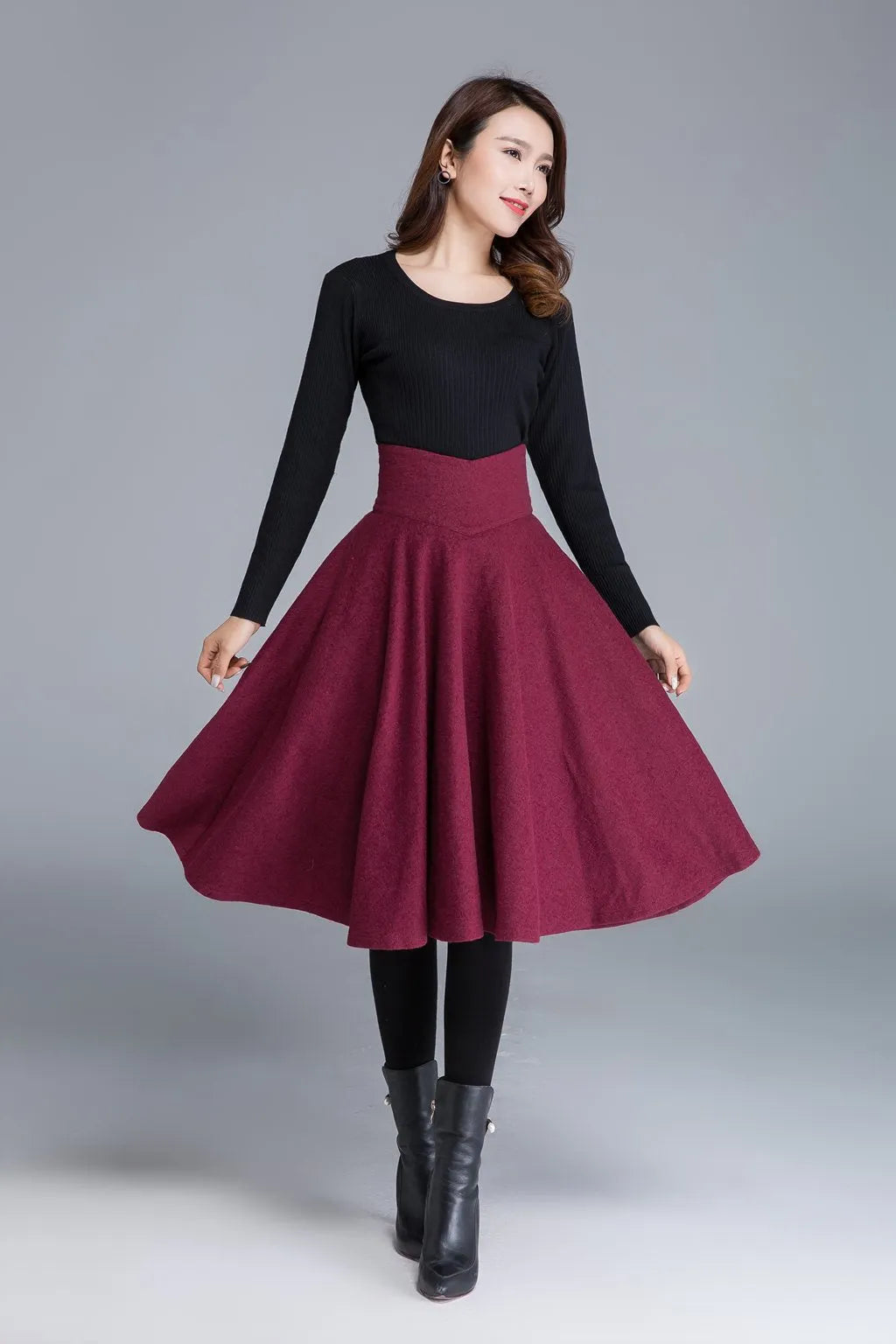 Burgundy Wool Blend Midi Skirt - High Waist Swing A-Line 1678
