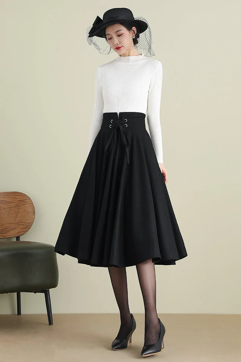Black Wool Midi Skirt - High Waist Circle Swing 
