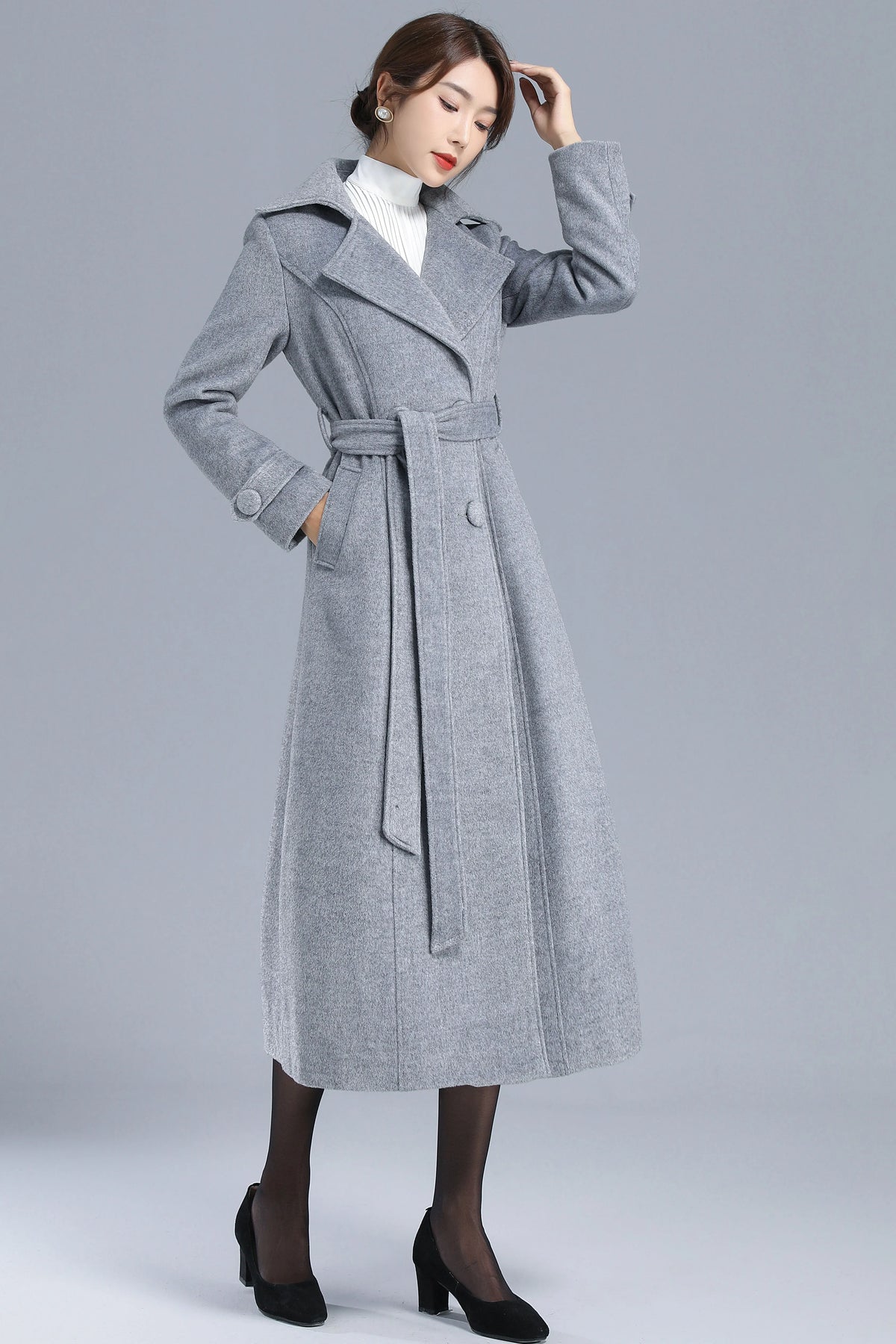 Gray Wool Belted Coat - Double Breasted, Mid-Calf Length 3209