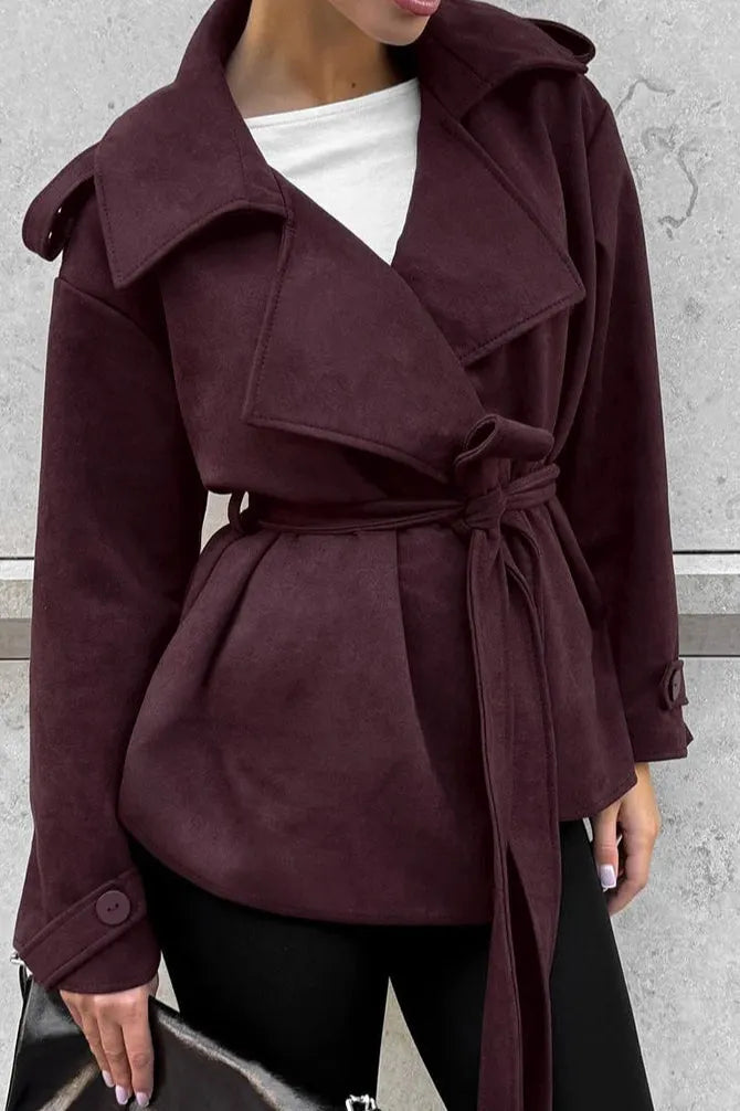 Suede Solid Tie Waist Thickened Warm Coat