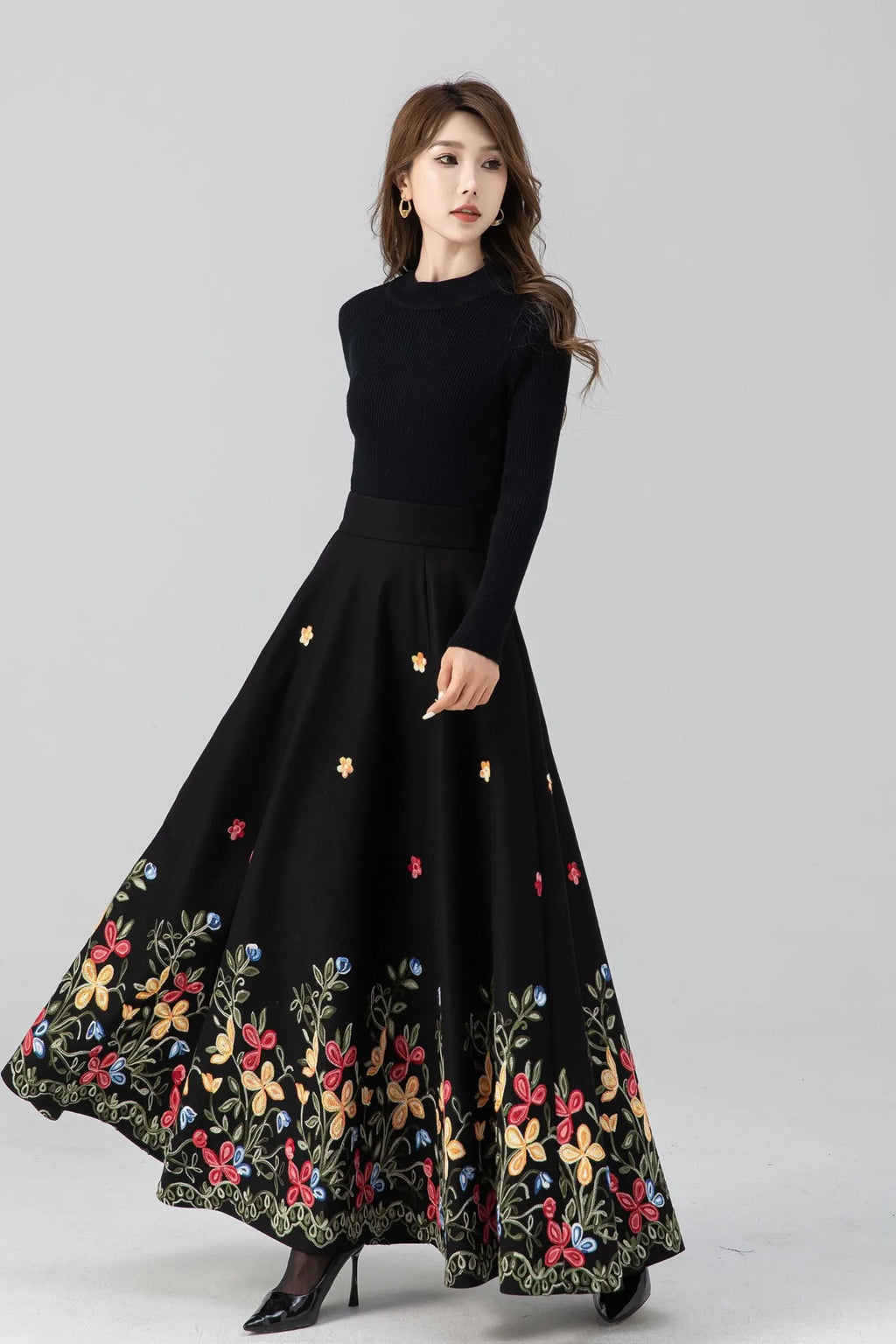 Black Wool Maxi Skirt - Embroidered Flared Silhouette 4664