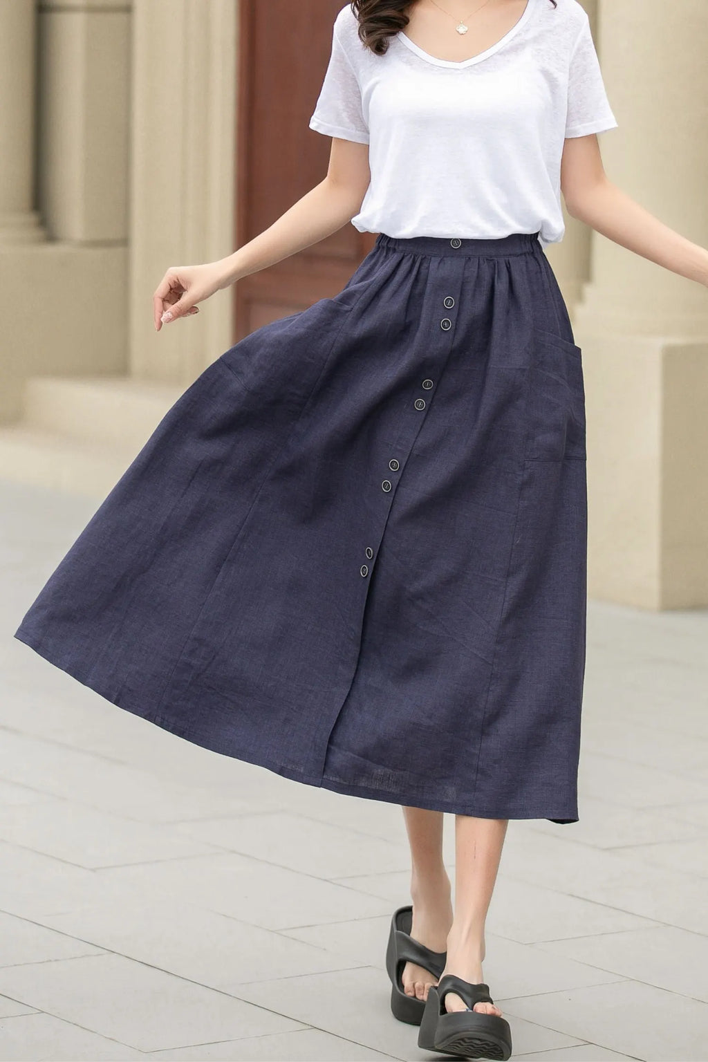 Dark Blue Linen Midi Skirt - Button-Up, Elastic Waistband 4944