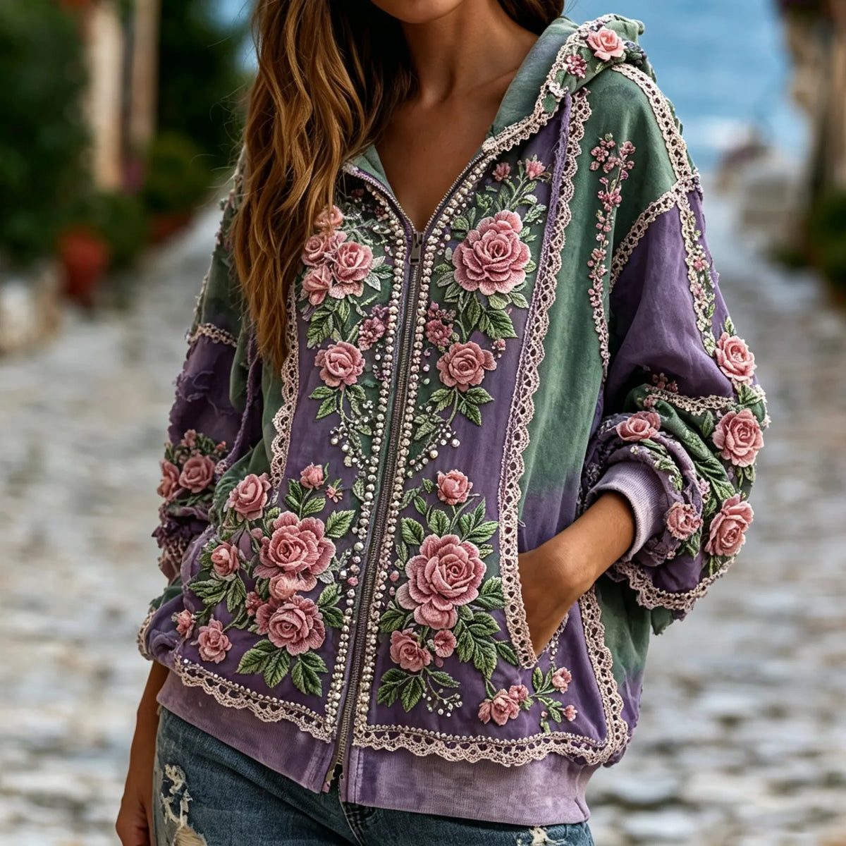 Women's Vintage Boho Floral Gradient Art Zip Hoodie Cardigan