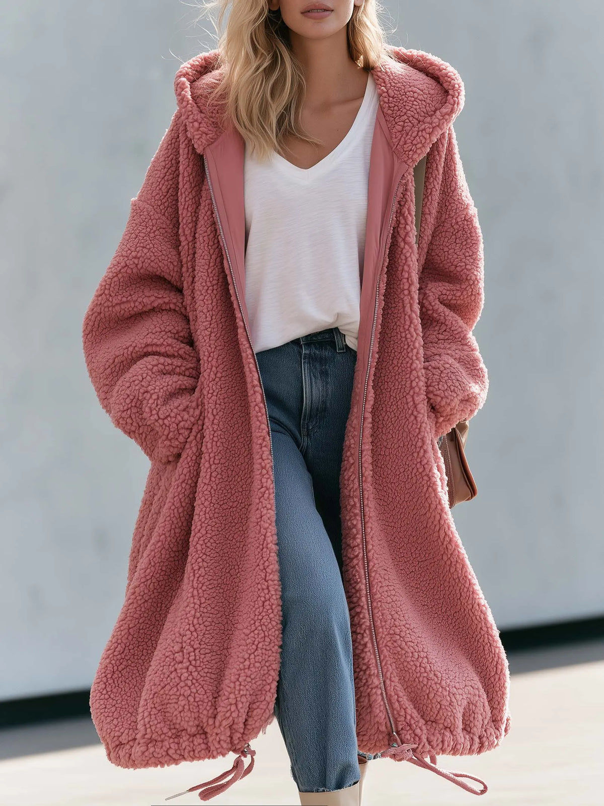 Vintage Lazy Oversized Dusty Pink Sherpa Hooded Long Teddy Coat