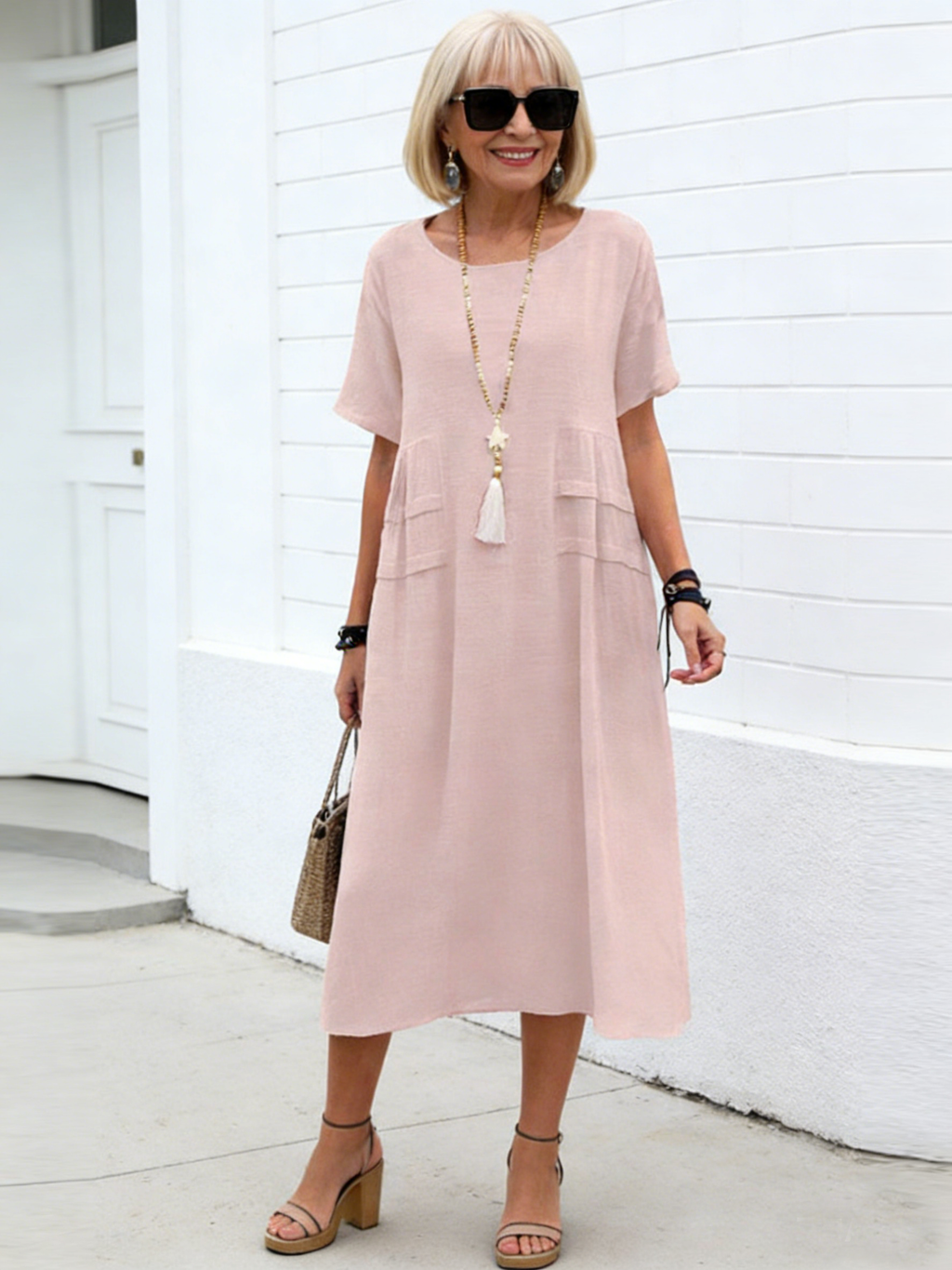 Plus Size Loose Casual Cotton and Linen Solid Color Round Neck Short-sleeved Medium and Long Dress
