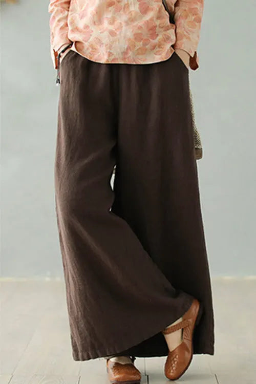 Brown Linen Blend Palazzo Pants - Elastic Waist, Wide Leg Relaxed Fit 2868
