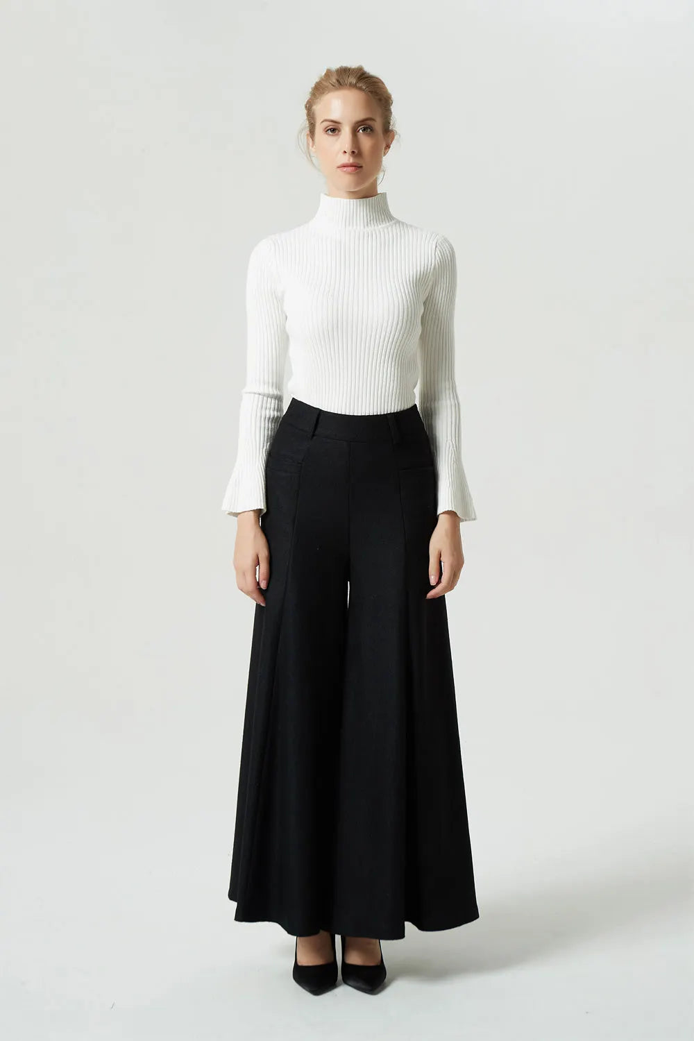 Black Wool Wide Leg Palazzo Pants - High Waist Pleated Maxi Pants 1998