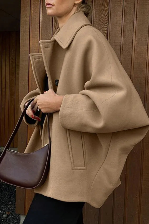 Batwing Sleeve Wool Blend Coat
