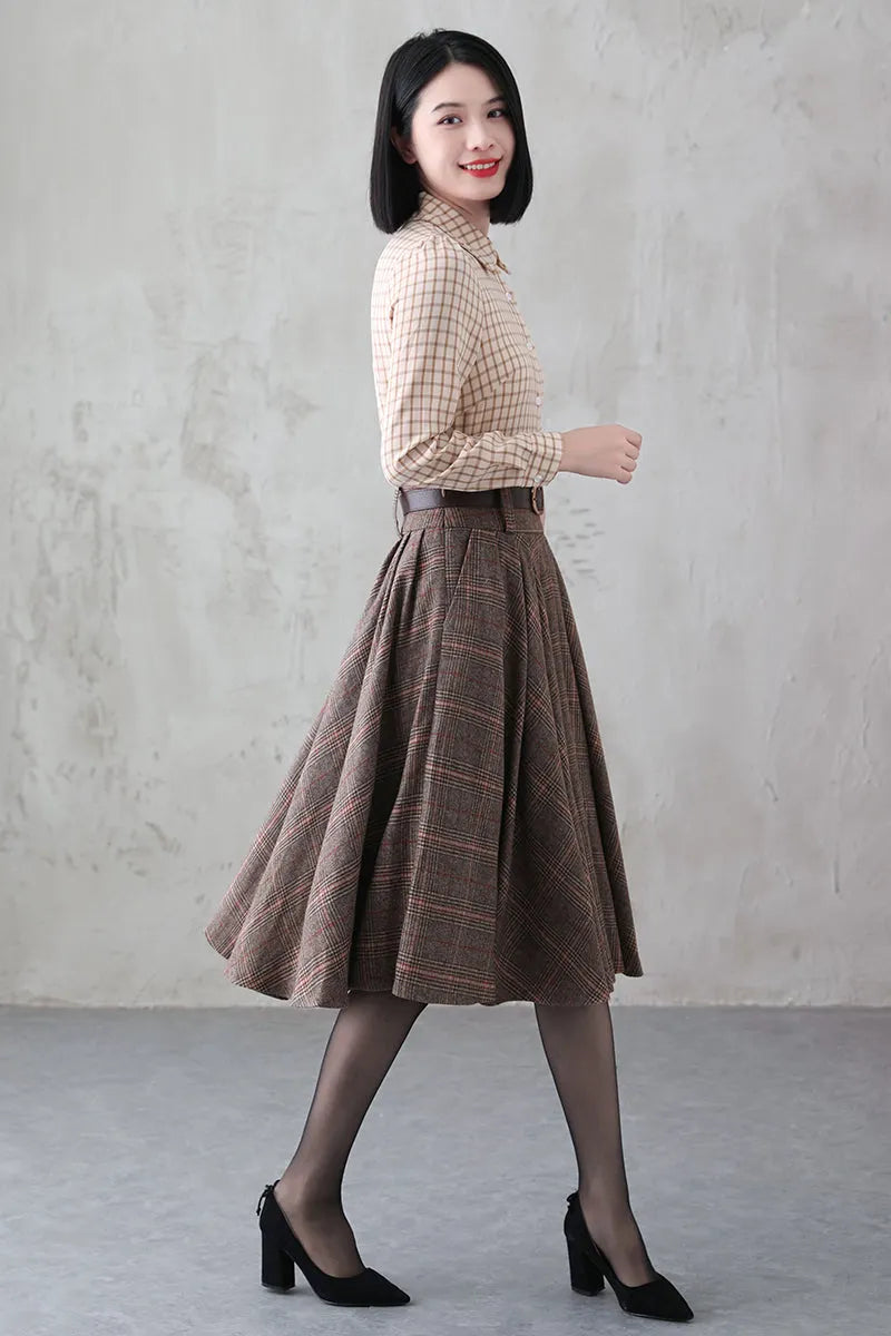 Handmade Brown Plaid Wool Midi Skirt – Vintage Pleated Circle Skirt 