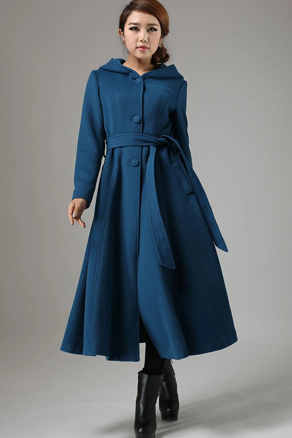 Vintage Teal Blue Wool Coat – Handmade Hooded Belted Winter Overcoat 