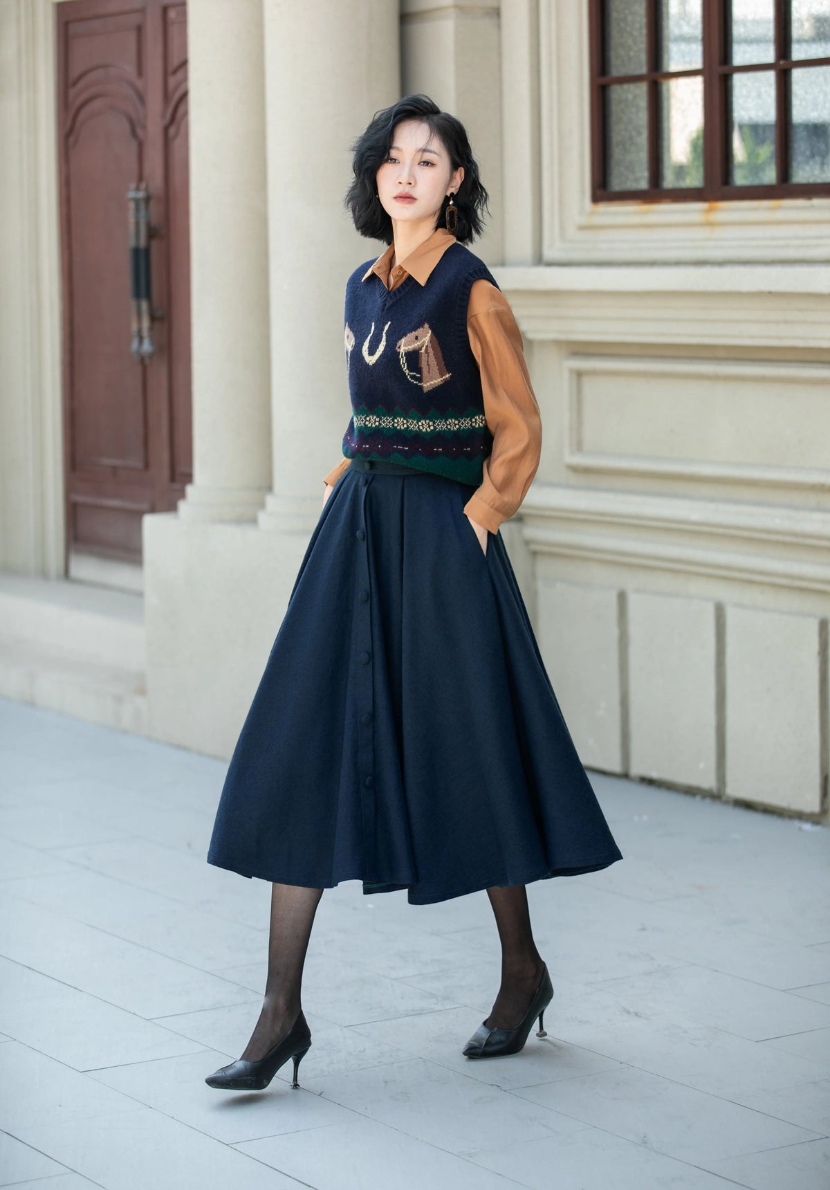 Navy Wool Midi Skirt - High Waist Flare Swing Silhouette 6338