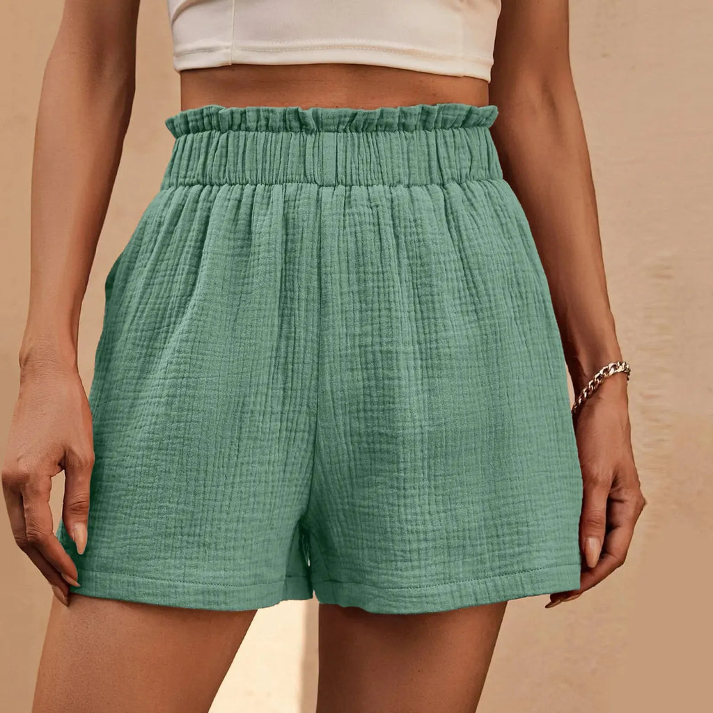 Cotton Double Layered Pleats Hem Straight Leg High Waist Sports Short