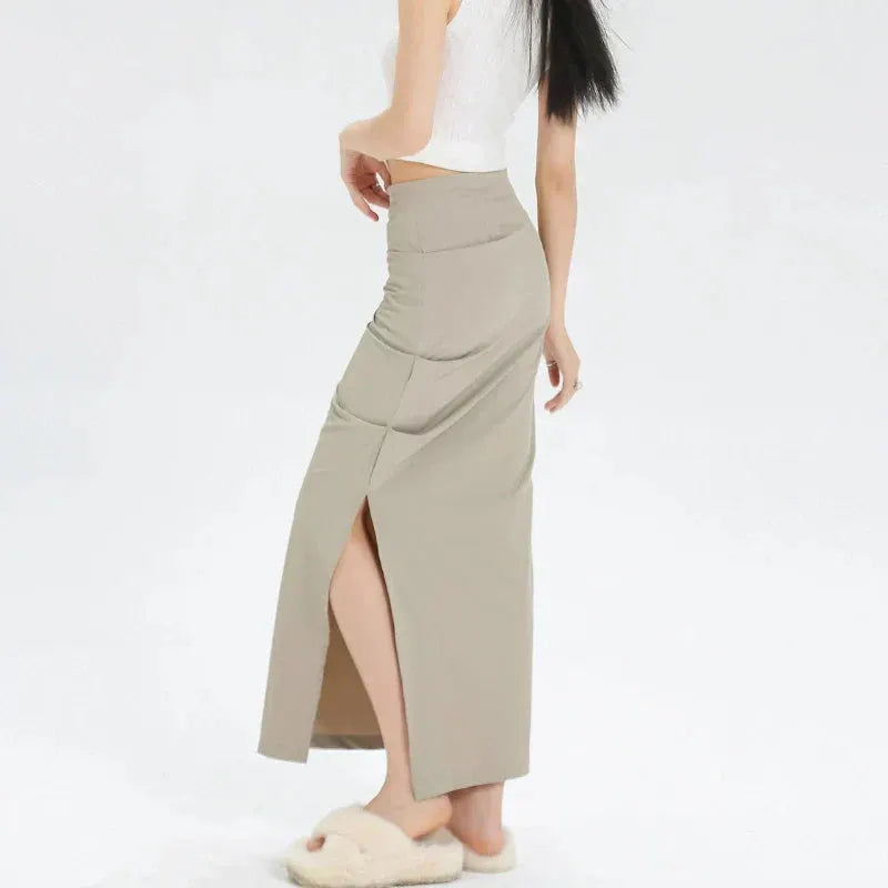 Slit Pleated Solid Long Skirt Vintage Korean Casual Skirt