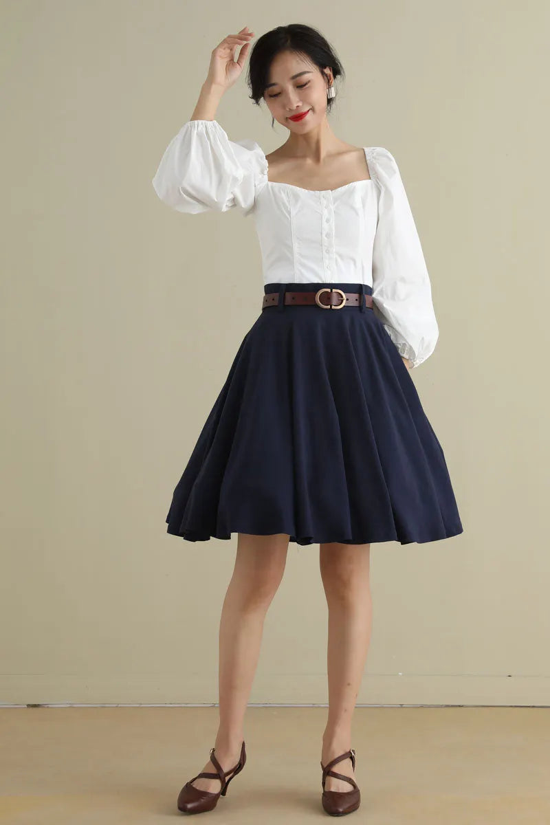 Navy Blue Linen Circle Skirt – Vintage 50s High Waist Skater Skirt with Pockets 2793