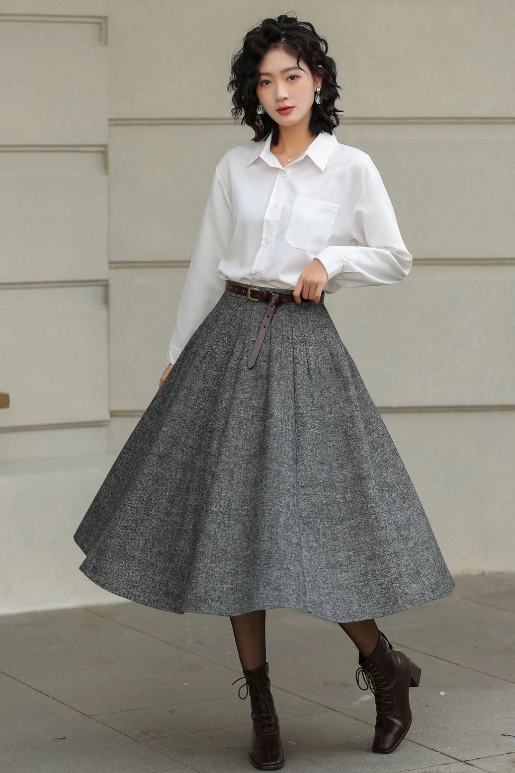 Grey Wool Pleated Midi Skirt - A-Line Silhouette with Pockets 6416