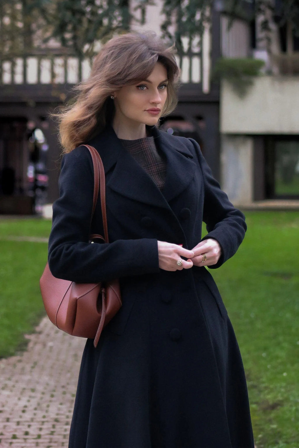 Black Wool Overcoat - Double Breasted Fit and Flare Vintage Coat 5542