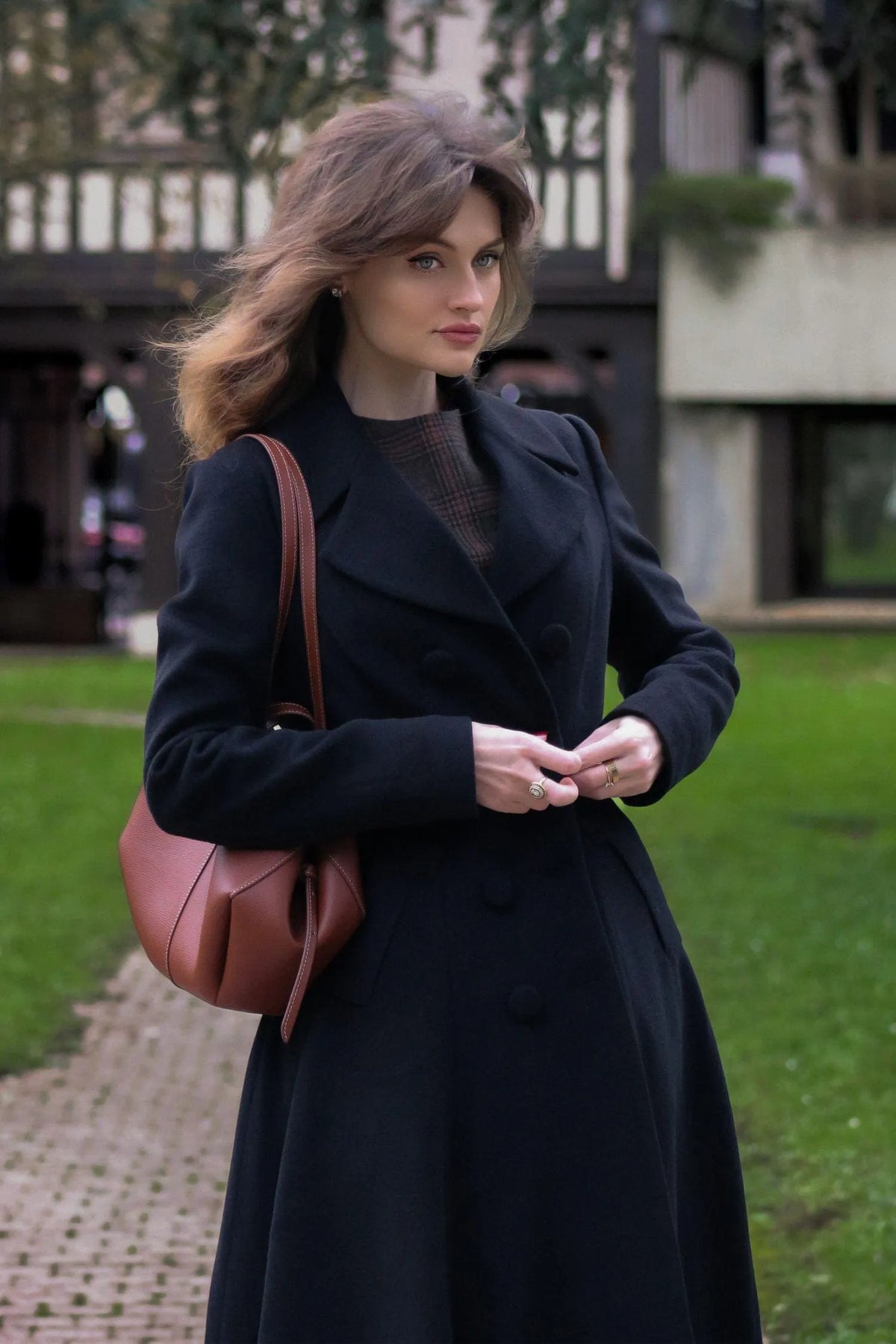 Black Wool Overcoat - Double Breasted Fit and Flare Vintage Coat 5542