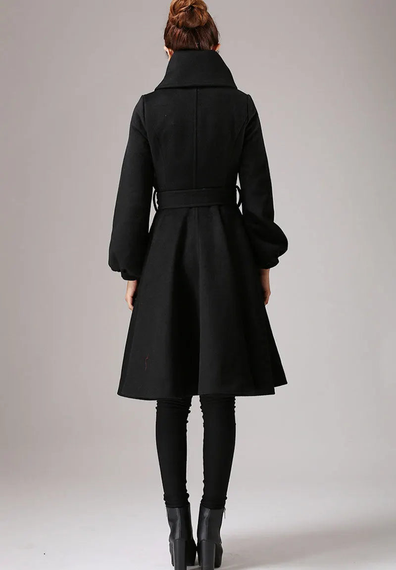 Wool Blend Winter Coat – Vintage Shawl Collar Belted A-Line Jacket 0753