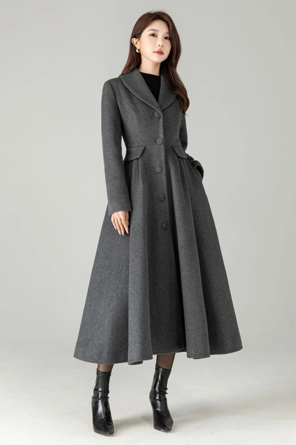 Gray Wool Maxi Coat – Single-Breasted Fit & Flare Long Winter Coat 