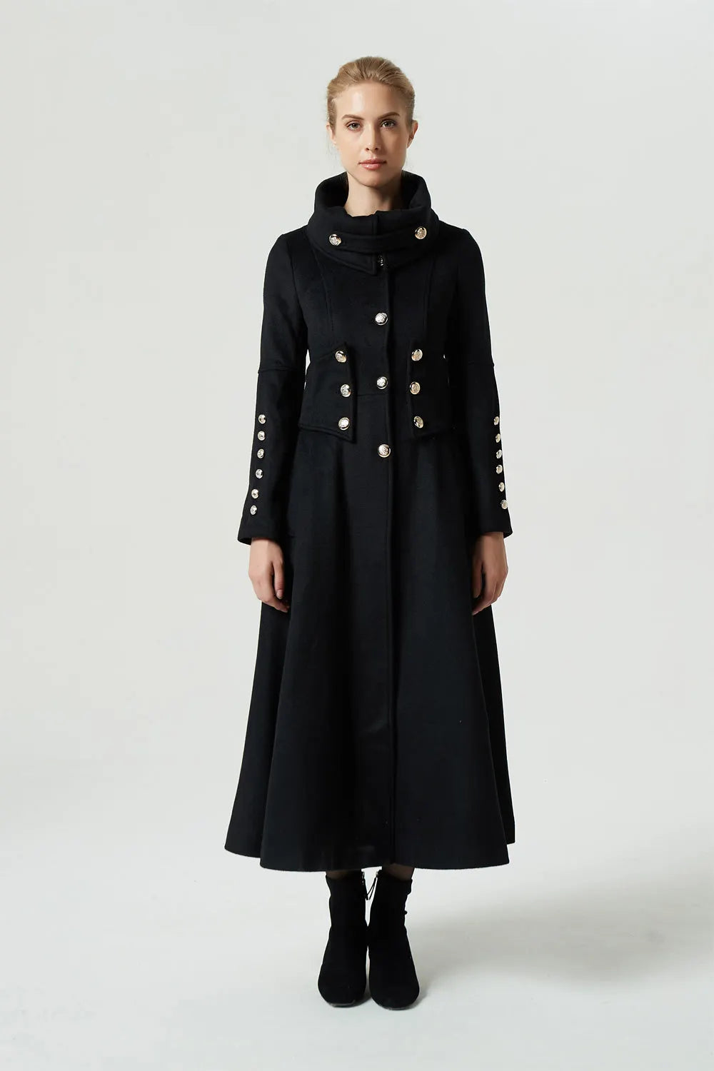 Black Wool Military Long Coat - Oversized Collar with Silver Buttons 1972