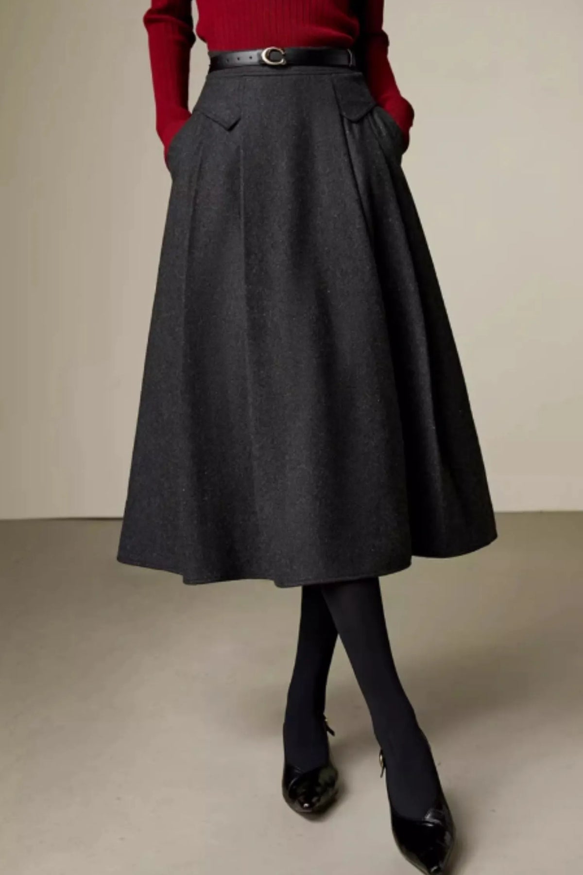 Gray Wool A-Line Midi Skirt - Tailored Winter Essential 6358