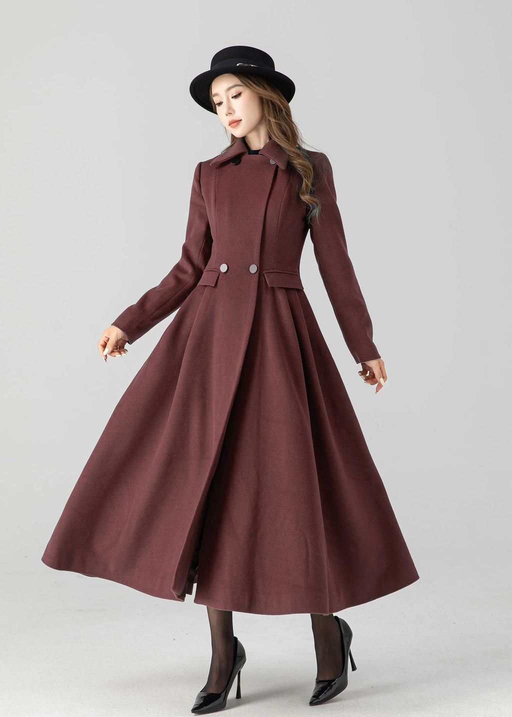 Burgundy Wool Long Coat - Vintage Inspired A-Line Swing 5506