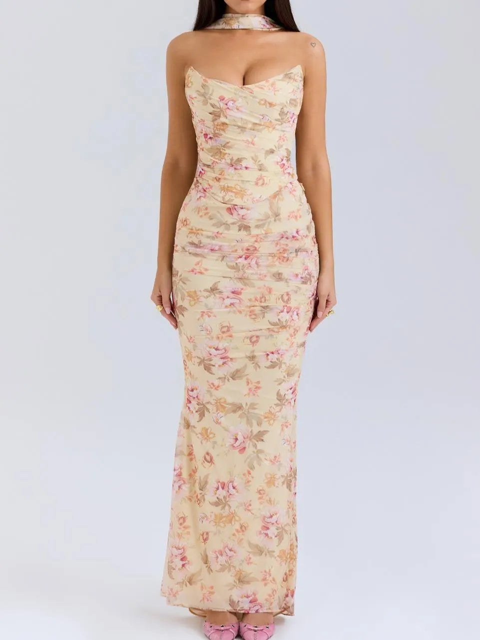 Floral Strapless Bodice and High Waist Skirt with Tie Set