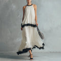 Elegant Minimalist Colour-blocked Ivory Chiffon Halter-neck Top And Maxi Skirt Ensemble