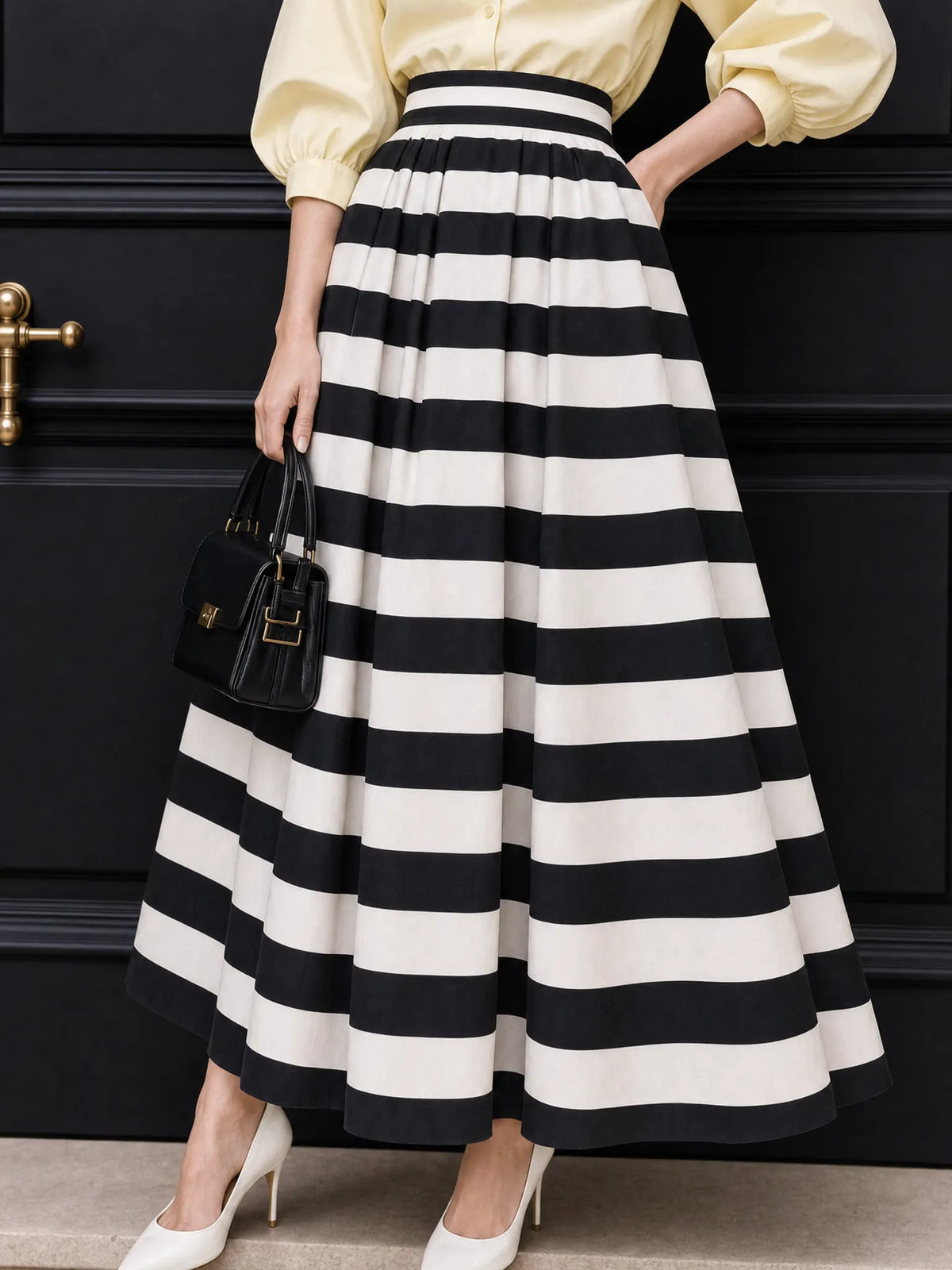 Vintage Thick Stripe High Waist Pleated Maxi Skirt