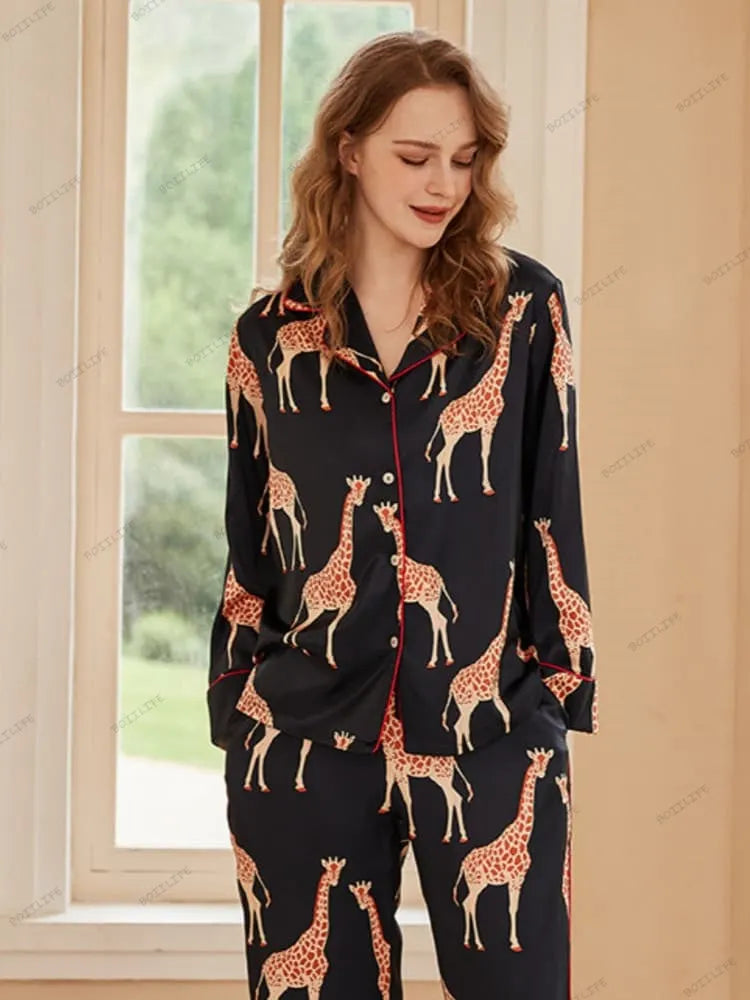 Black Giraffe Print Ice Silk Long-Sleeve Pajama Set