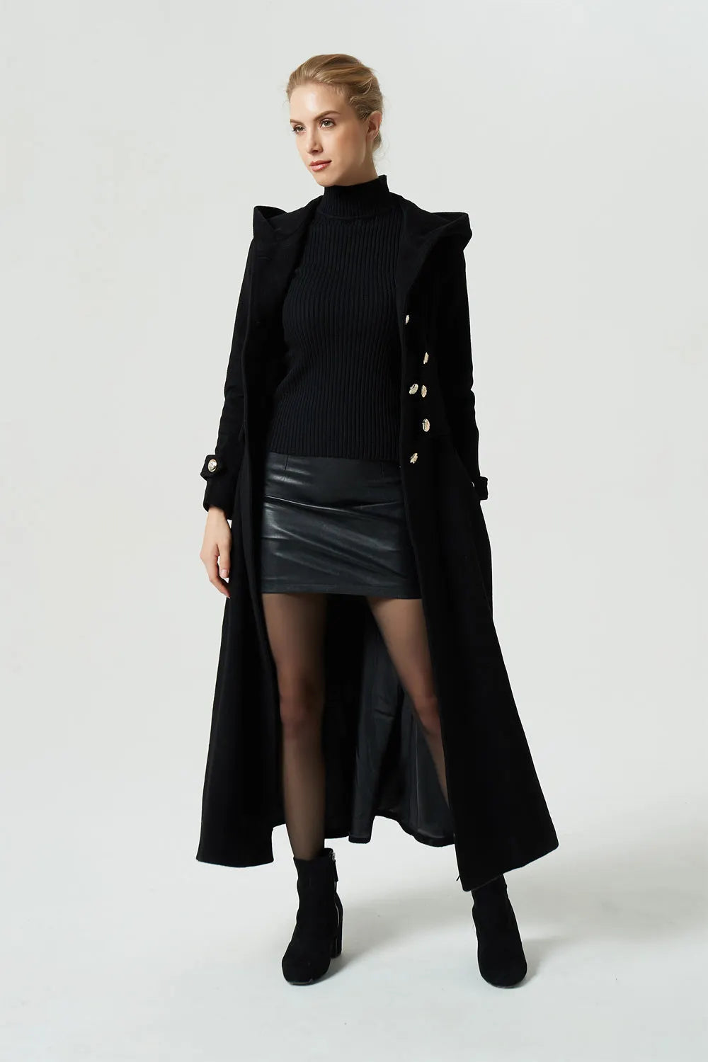 Black Wool Blend Hooded Maxi Coat - Military Style with Wide Waistband 1953