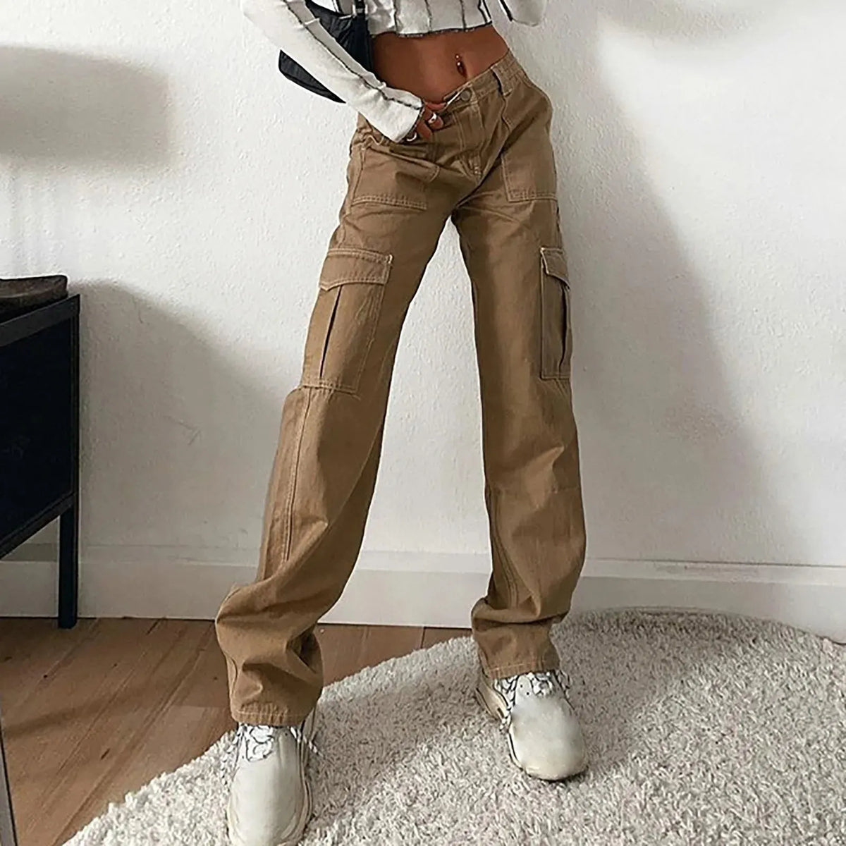 Solid Color High Waist Straight-leg Buckle Brown Jean