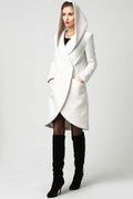 White Wool Blend Coat - Draped Hood Asymmetric Hem 