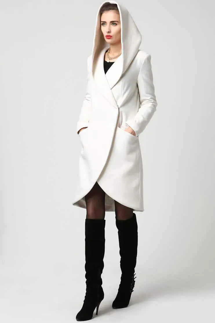 White Wool Blend Coat - Draped Hood Asymmetric Hem 