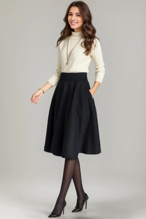 Wool Blend A-Line Skirt – Classic High Waist Midi Skirt with Pockets 1633