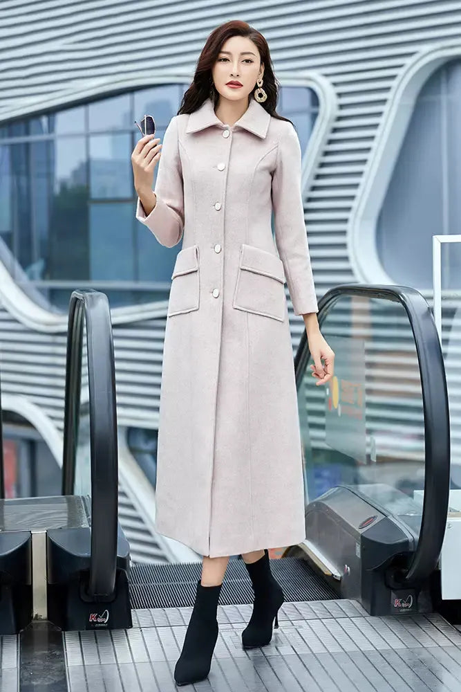 Light Pink Wool Coat – Handmade Long Slim Fit Winter Overcoat for Women 3977