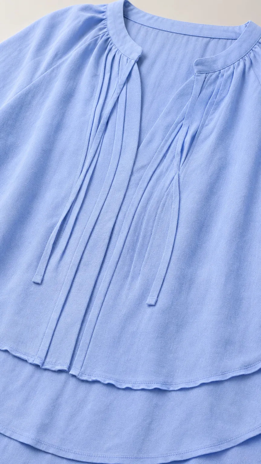 Women's Pleated Split Neck Tunic Blouse with Tiered Hem